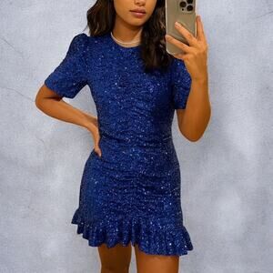 Dress the Population Chandler Blue Sequin Short Sleeve Ruched Minidress XS